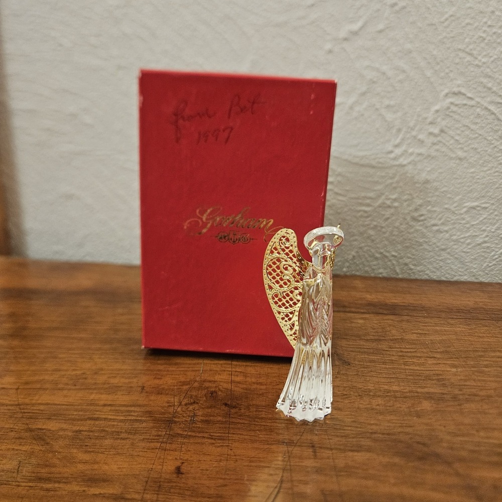 Vinrage Gorham Lead Crystal Angel‎ Ornament Gold Plated Wings In Original Box